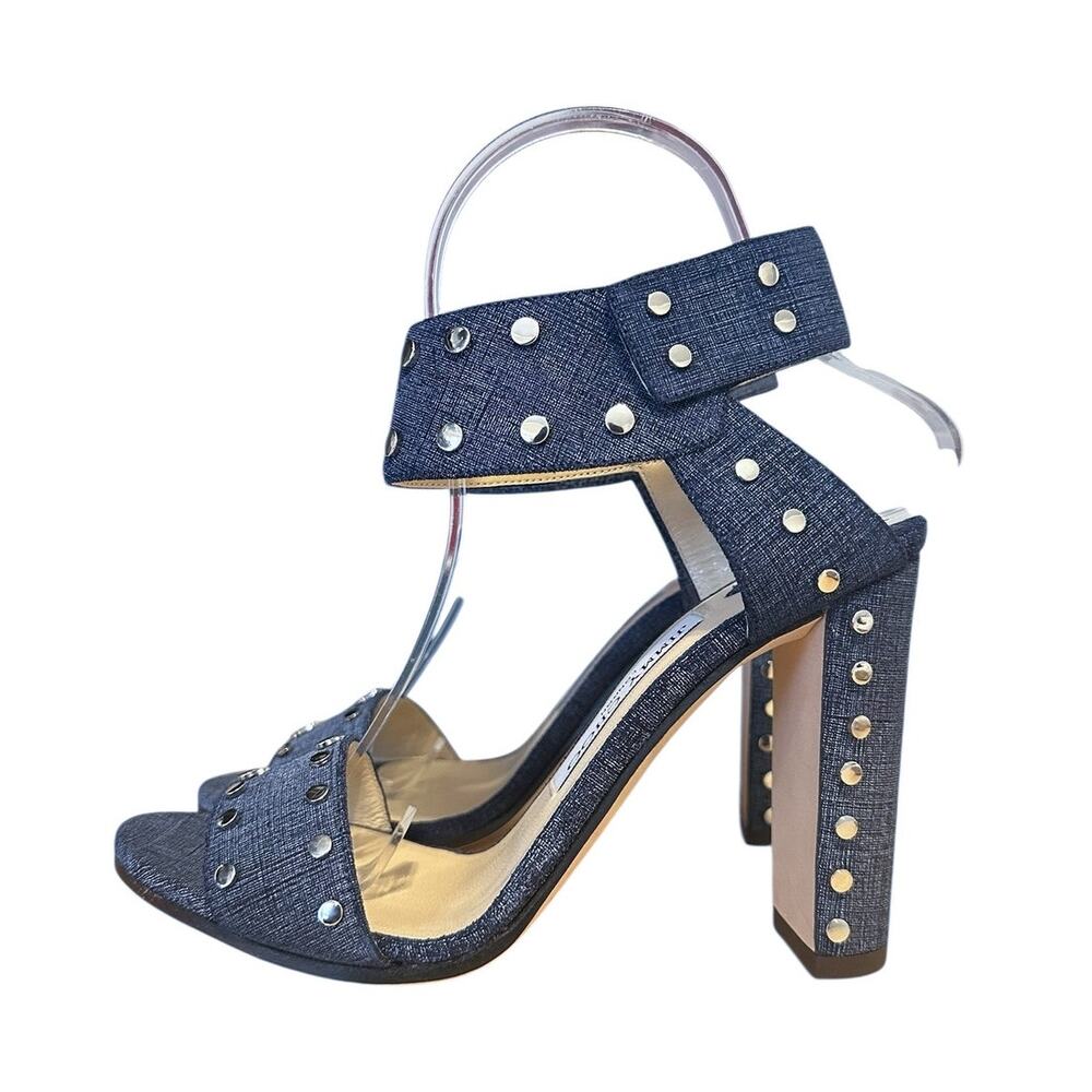 Jimmy Choo Veto 100 Blue Studded Ankle Strap High Heel Sandals 37.5 Wedding